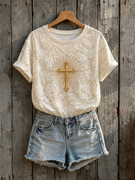 Women's Vintage Faith Art Floral Cross Print Short-sleeved T-shirt