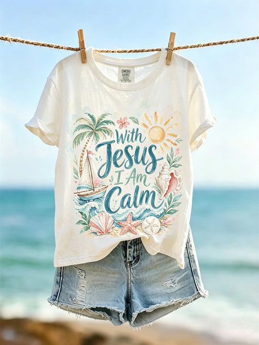 Women's With Jesus I Am Calm Faith Print Short-sleeved T-shirt