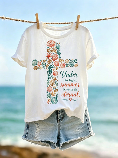 Women's Under His Light Summer  Christian Beach Cross Print Short-sleeved T-shirt