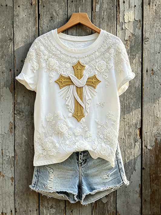 Women's White Floral Cross Faith Art Print Casual Short-sleeved T-shirt