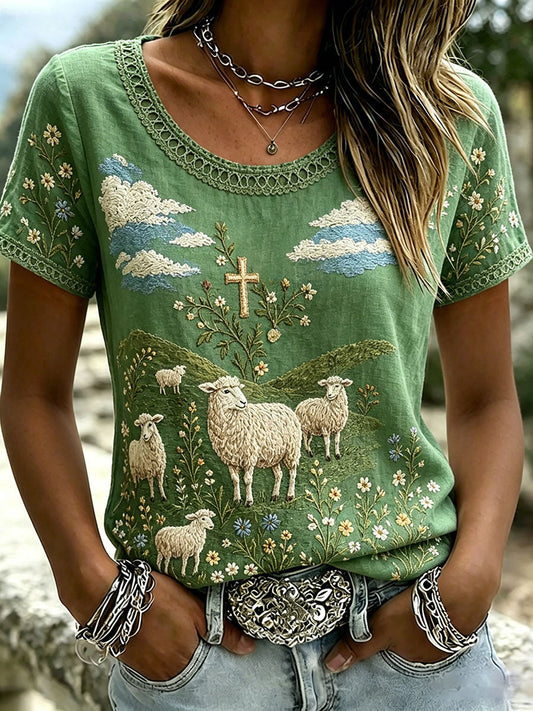 Women's Vintage Farm Sheep Cross Print Linen Short-sleeved T-shirt