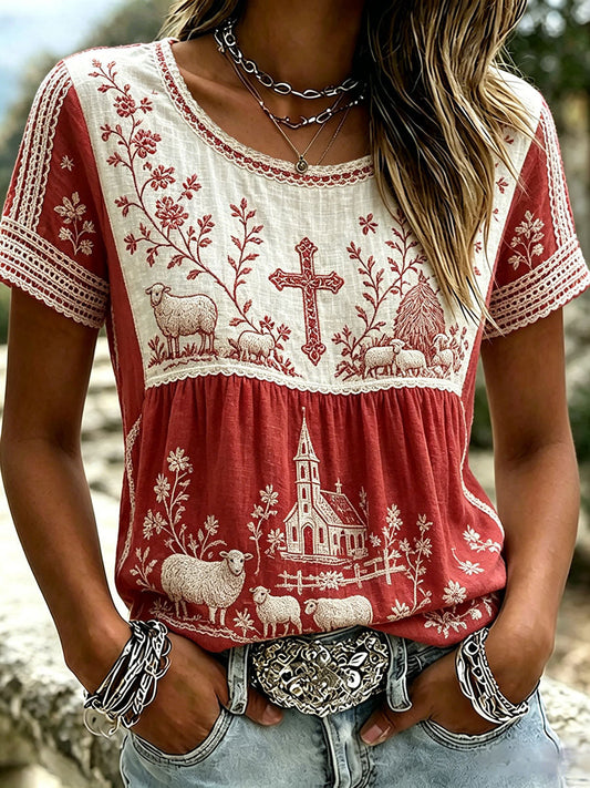 Women's Retro Farm Sheep Cross Print Linen Short-sleeved T-shirt