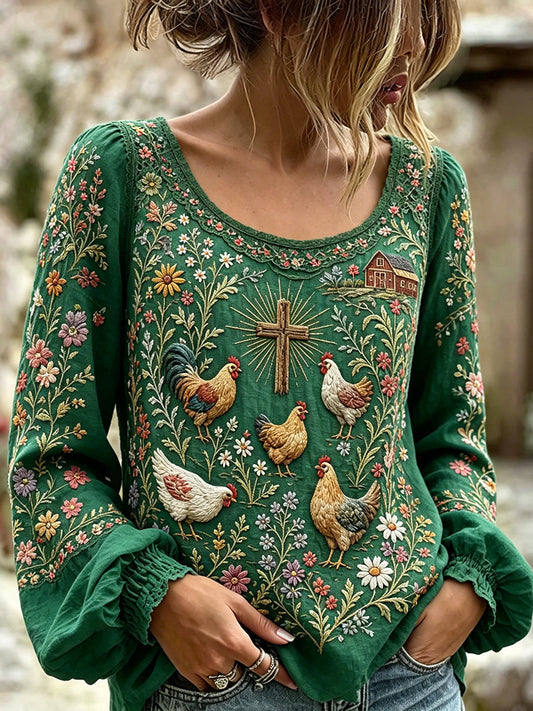 Women's Retro Farm Chicken Cross Print Cotton-Linen Shirt