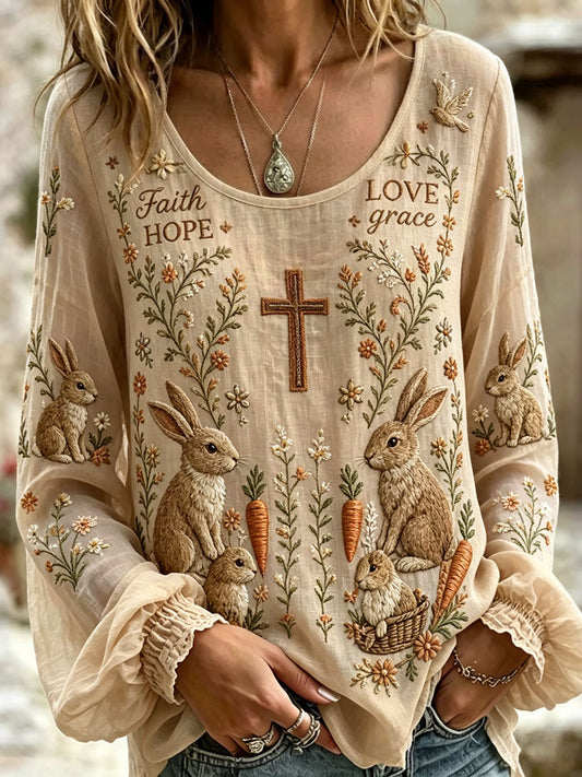 Women's Vintage Faith Hope Farm Rabbit Print Cotton-Linen Shirt