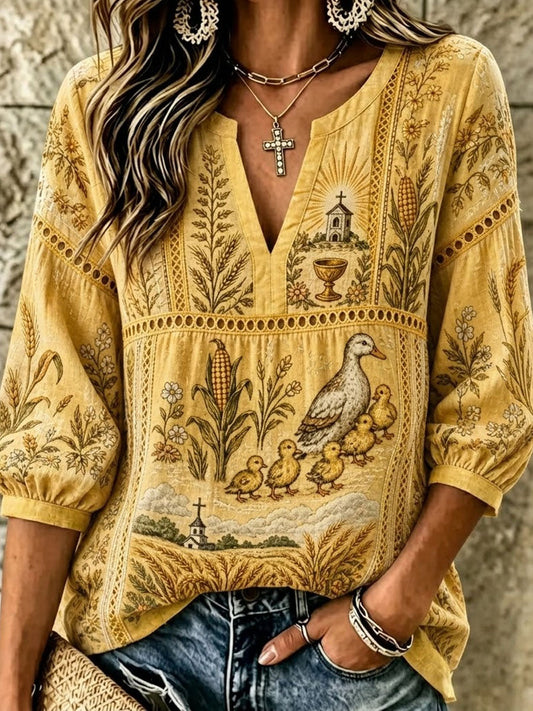 Women's Vintage Farm Corn Duck Cross Print Linen Tunic