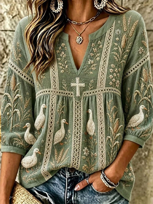 Women's Retro Farm Corn Duck Cross Print Linen Tunic