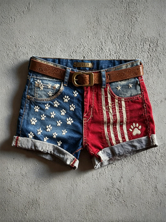 Women's Paw Prints American Flag Inspired Contrast Print Denim Shorts