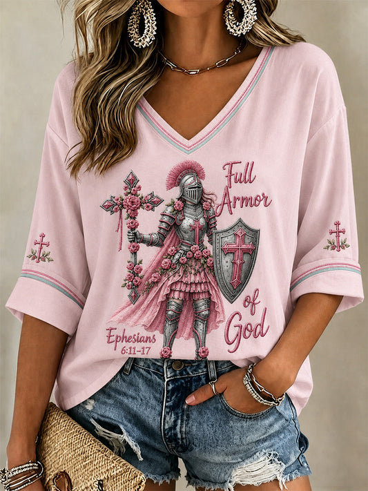 Women's Christian Full Armor Of God Print Casual V-Neck Tee