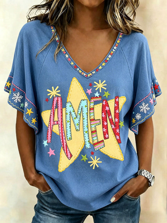 Women's "AMEN" V-neck T-shirts