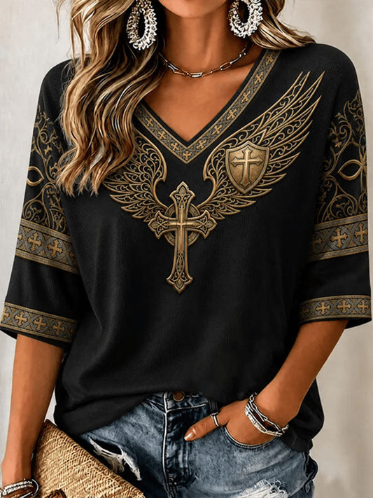 Women's Cross Wings Mid-length Sleeves V-Neck T-Shirt
