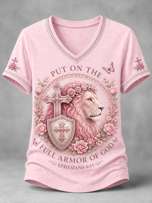 Women's PUT ON THE FULL ARMOR OF GOD Lion Print Casual V-Neck Tee