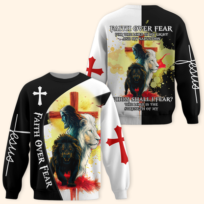 Faith Over Fear Christian Hoodie – Lion of Judah Cross Bible Verse Zip Up Sweatshirt for Believers in Christ