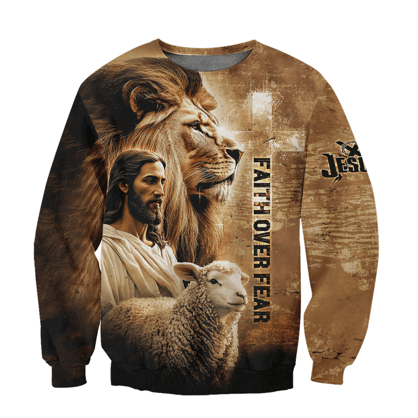 Faith Over Fear – Christian Lion, Jesus and Lamb Design - All Over Prints Hoodie Shirt