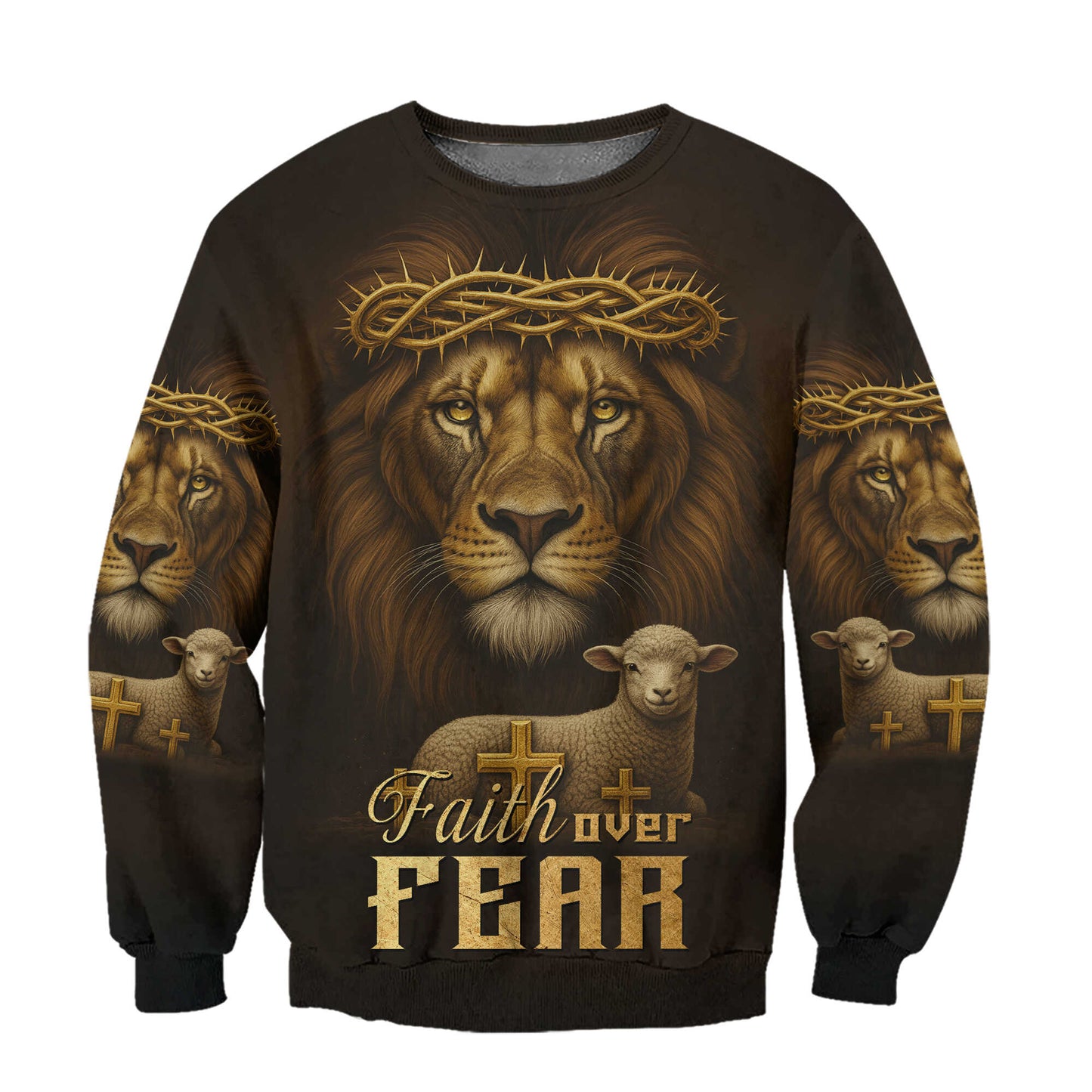 Faith Over Fear – Lion of Judah with Lamb and Cross Artwork