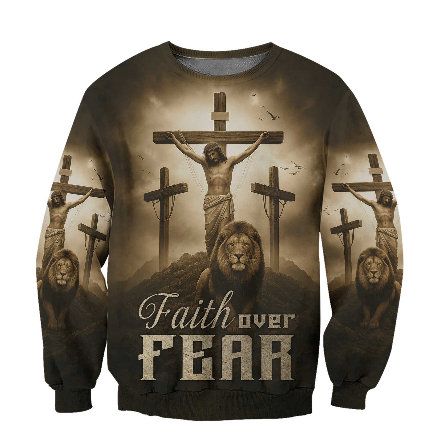 Faith Over Fear – Jesus Crucifix and Lion Symbol of Strength