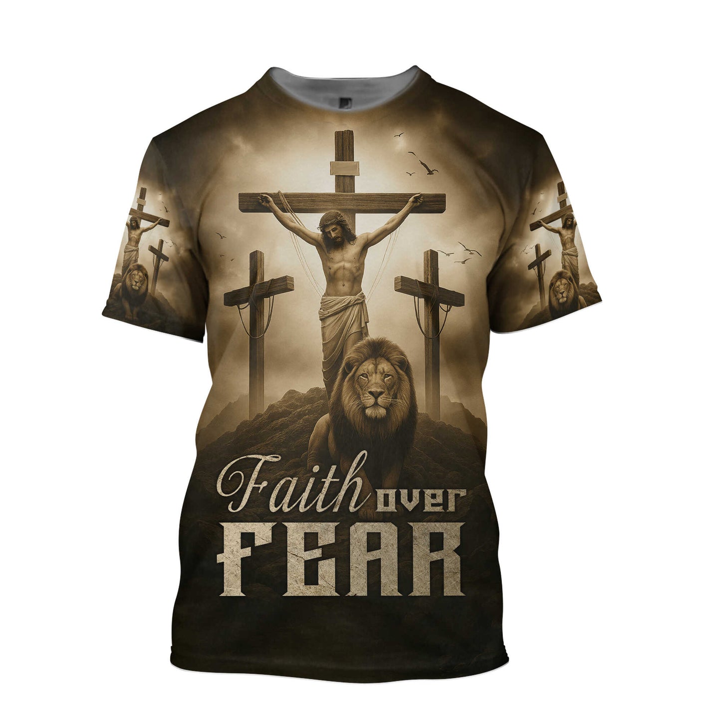 Faith Over Fear – Jesus Crucifix and Lion Symbol of Strength