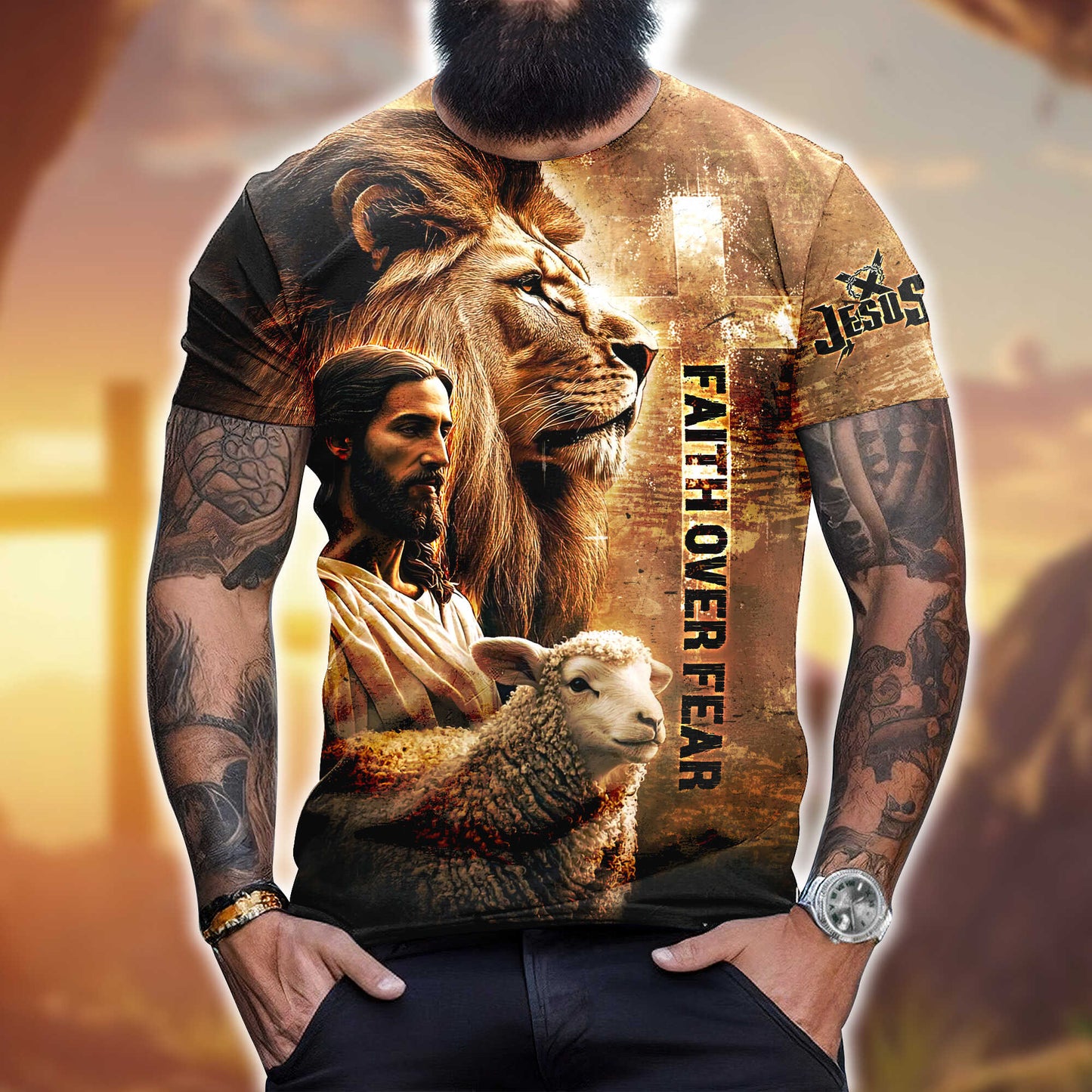 Faith Over Fear – Christian Lion, Jesus and Lamb Design - All Over Prints Hoodie Shirt