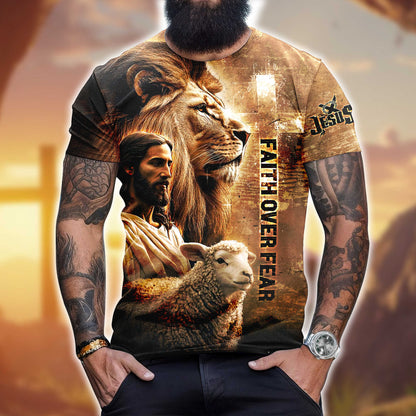 Faith Over Fear – Christian Lion, Jesus and Lamb Design - All Over Prints Hoodie Shirt