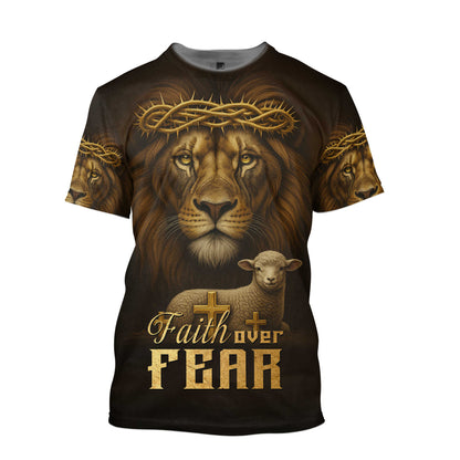 Faith Over Fear – Lion of Judah with Lamb and Cross Artwork