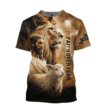 Faith Over Fear – Christian Lion, Jesus and Lamb Design - All Over Prints Hoodie Shirt