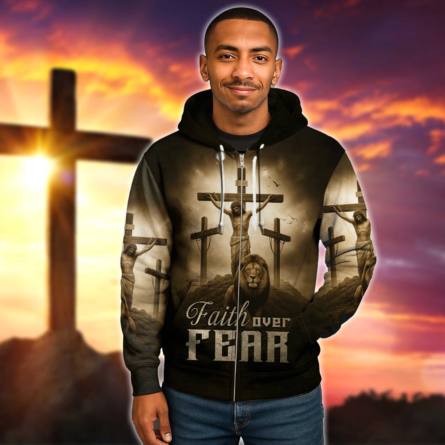 Faith Over Fear – Jesus Crucifix and Lion Symbol of Strength