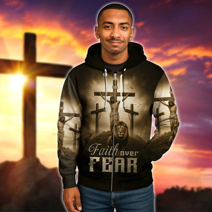 Faith Over Fear – Jesus Crucifix and Lion Symbol of Strength
