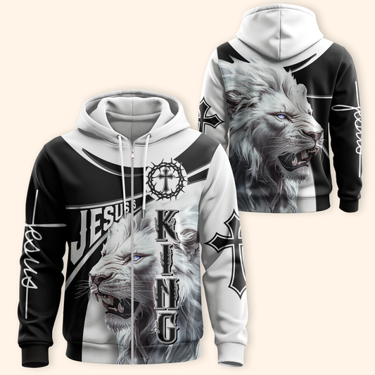 Faith Christian Hoodie – Jesus is King Lion of Judah Cross Zip Up Hoodie for Believers