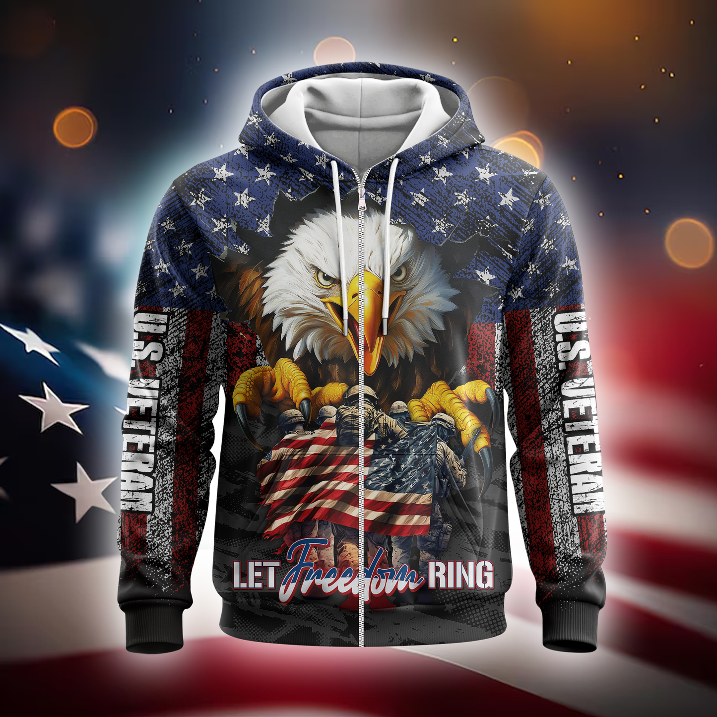 U.S. Veteran Hoodie – Let Freedom Ring, Bald Eagle & Flag Zip Up, Patriotic Military Sweatshirt for Heroes