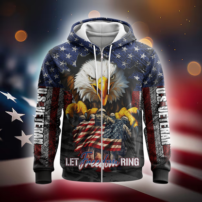 U.S. Veteran Hoodie – Let Freedom Ring, Bald Eagle & Flag Zip Up, Patriotic Military Sweatshirt for Heroes