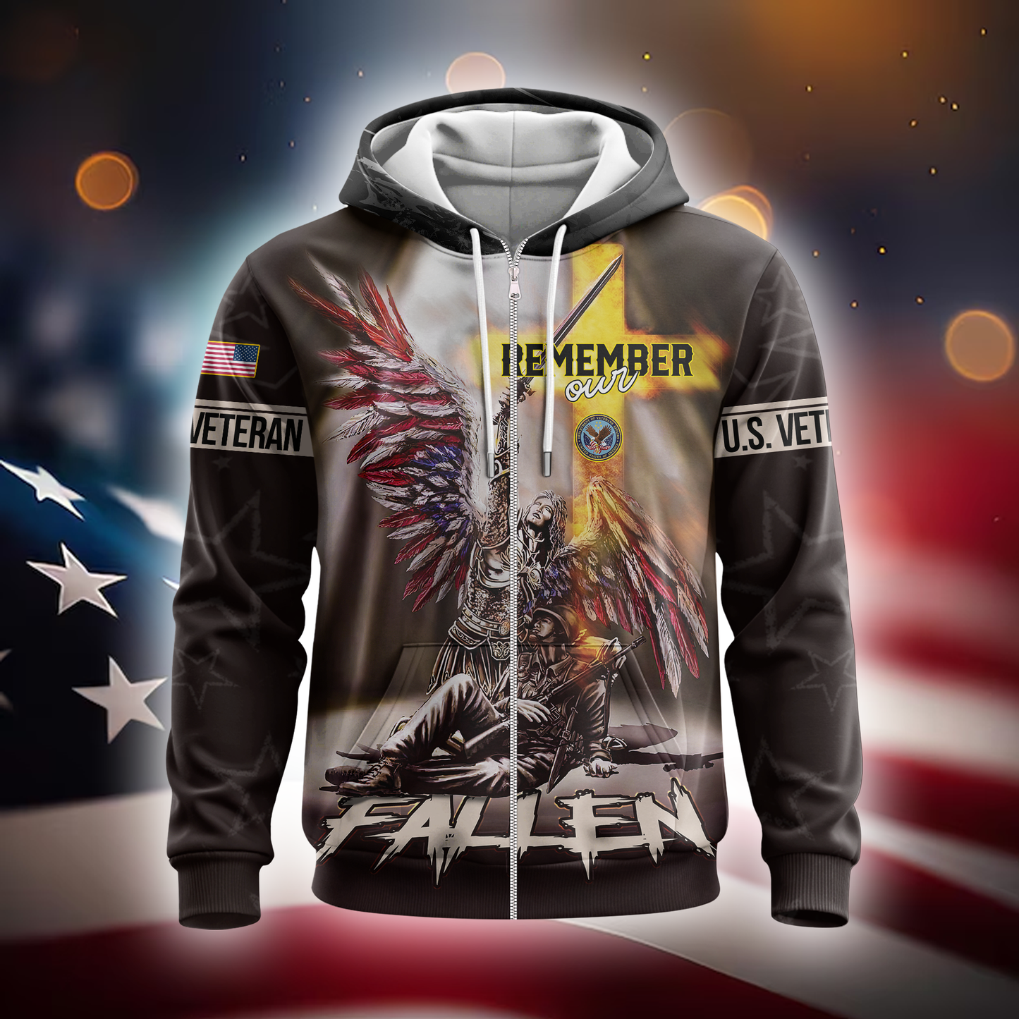 U.S. Veteran Hoodie – Remember Our Fallen, Angel Soldier Tribute Zip Up, Patriotic Memorial Hoodie for Heroes