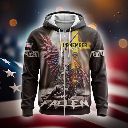 U.S. Veteran Hoodie – Remember Our Fallen, Angel Soldier Tribute Zip Up, Patriotic Memorial Hoodie for Heroes