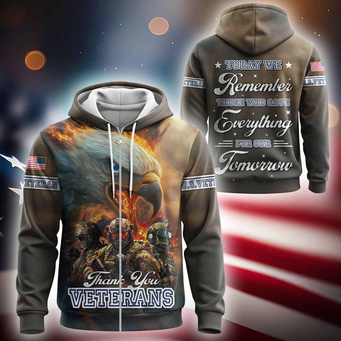 U.S. Veteran Hoodie – Thank You Veterans, Remember Those Who Gave Everything, Patriotic Zip Up Hoodie