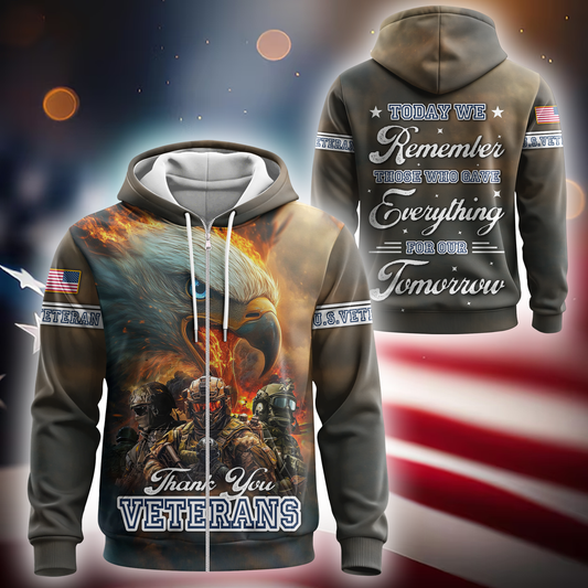 U.S. Veteran Hoodie – Thank You Veterans, Remember Those Who Gave Everything, Patriotic Zip Up Hoodie