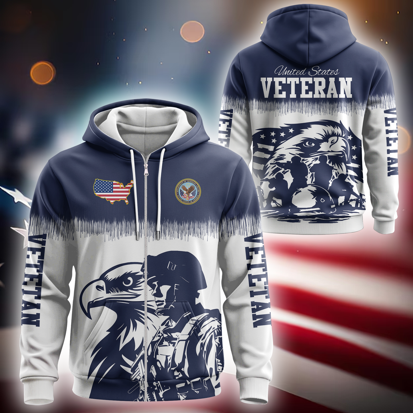 U.S. Veteran Hoodie – Eagle Design, Patriotic American Flag Zip Up MH2527