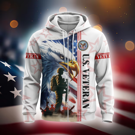 U.S. Veteran Hoodie – Eagle Design, Patriotic American Flag Zip Up MH2532
