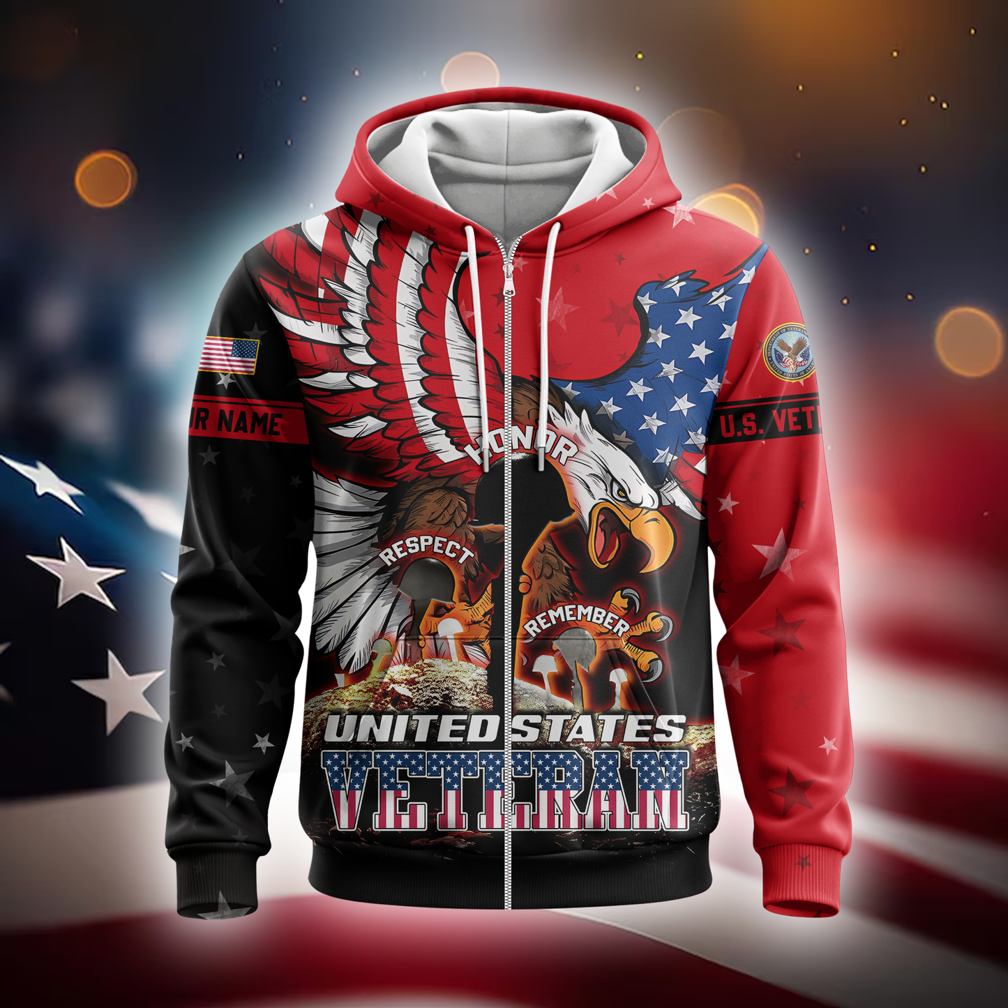 U.S. Veteran Hoodie – Honor Respect Remember Patriotic Zip Up Jacket
