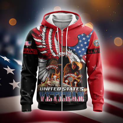 U.S. Veteran Hoodie – Honor Respect Remember Patriotic Zip Up Jacket
