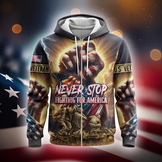 U.S. Veteran Hoodie – Never Stop Fighting for America, Patriotic Warrior Design
