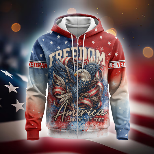 U.S. Veteran Hoodie – Freedom America Land of The Free, Patriotic Eagle Design
