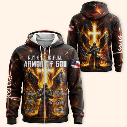 Armor of God Hoodie – Christian Warrior Zip Up Sweatshirt with Cross and Bible Verse Design