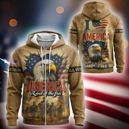 U.S. Veteran Hoodie – America Land of The Free, Patriotic Eagle and Flag Design