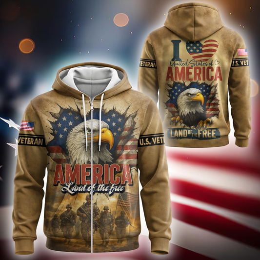 U.S. Veteran Hoodie – America Land of The Free, Patriotic Eagle and Flag Design