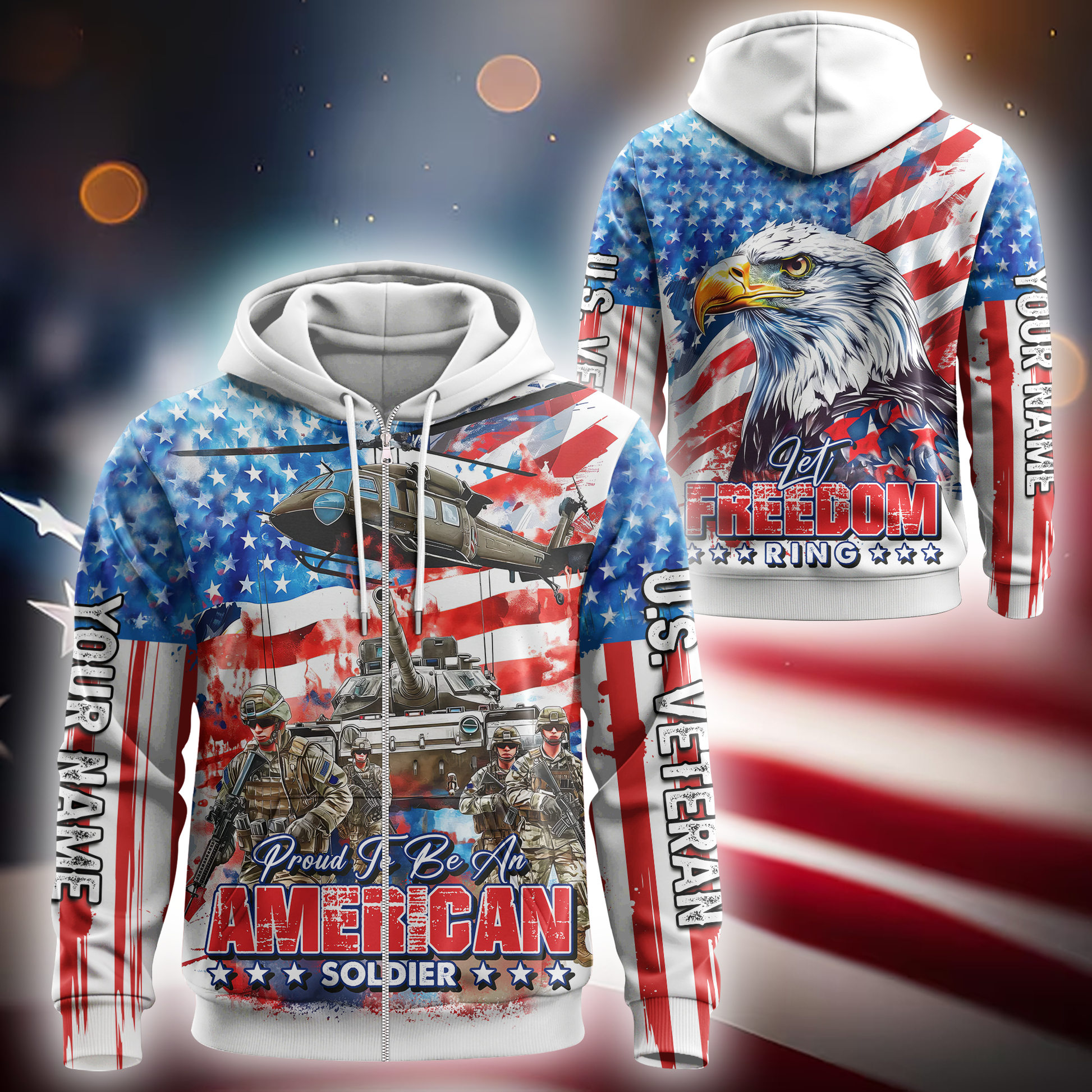 Proud To Be An American Soldier Hoodie – Patriotic US Veteran Zip Up – Let Freedom Ring, easychoo.com