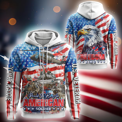 Proud To Be An American Soldier Hoodie – Patriotic US Veteran Zip Up – Let Freedom Ring, easychoo.com