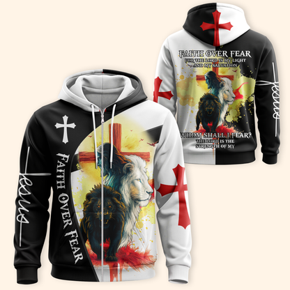 Faith Over Fear Christian Hoodie – Lion of Judah Cross Bible Verse Zip Up Sweatshirt for Believers in Christ