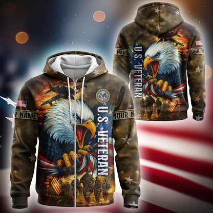 U.S. Veteran Hoodie – American Eagle and Soldiers Design, Patriotic Military Zip Up