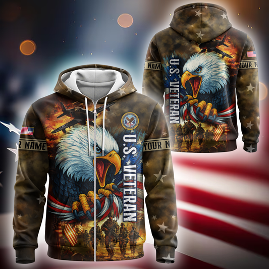U.S. Veteran Hoodie – American Eagle and Soldiers Design, Patriotic Military Zip Up