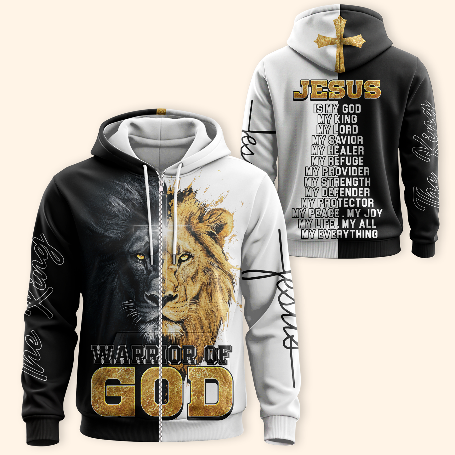 Christian Faith Hoodie – Warrior of God Zip Up Sweatshirt with Lion of Judah and Cross Design