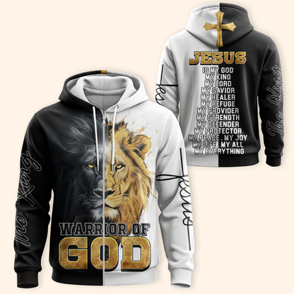 Christian Faith Hoodie – Warrior of God Zip Up Sweatshirt with Lion of Judah and Cross Design