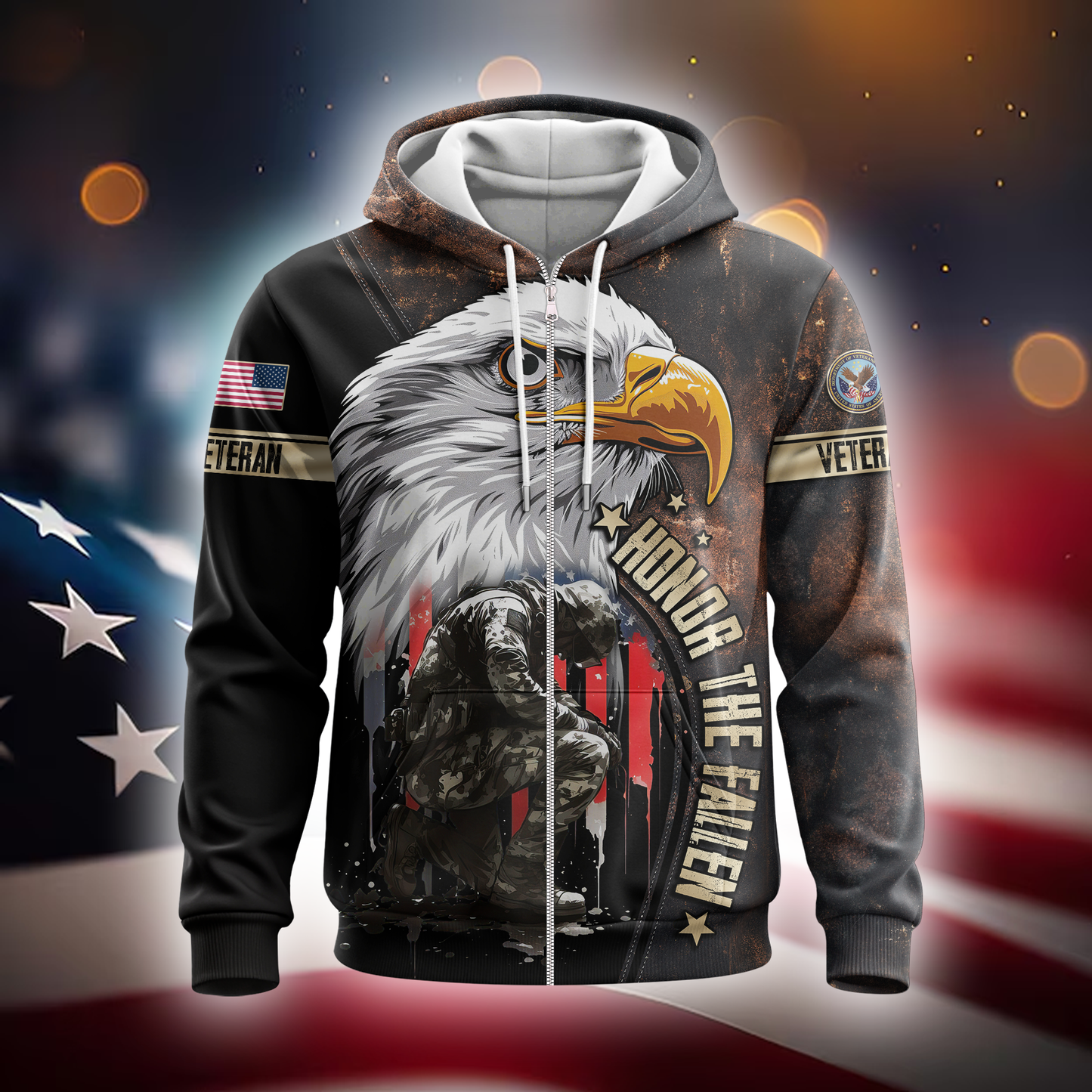 U.S. Veteran Hoodie – Eagle Design, Patriotic American Flag Zip Up MH2528